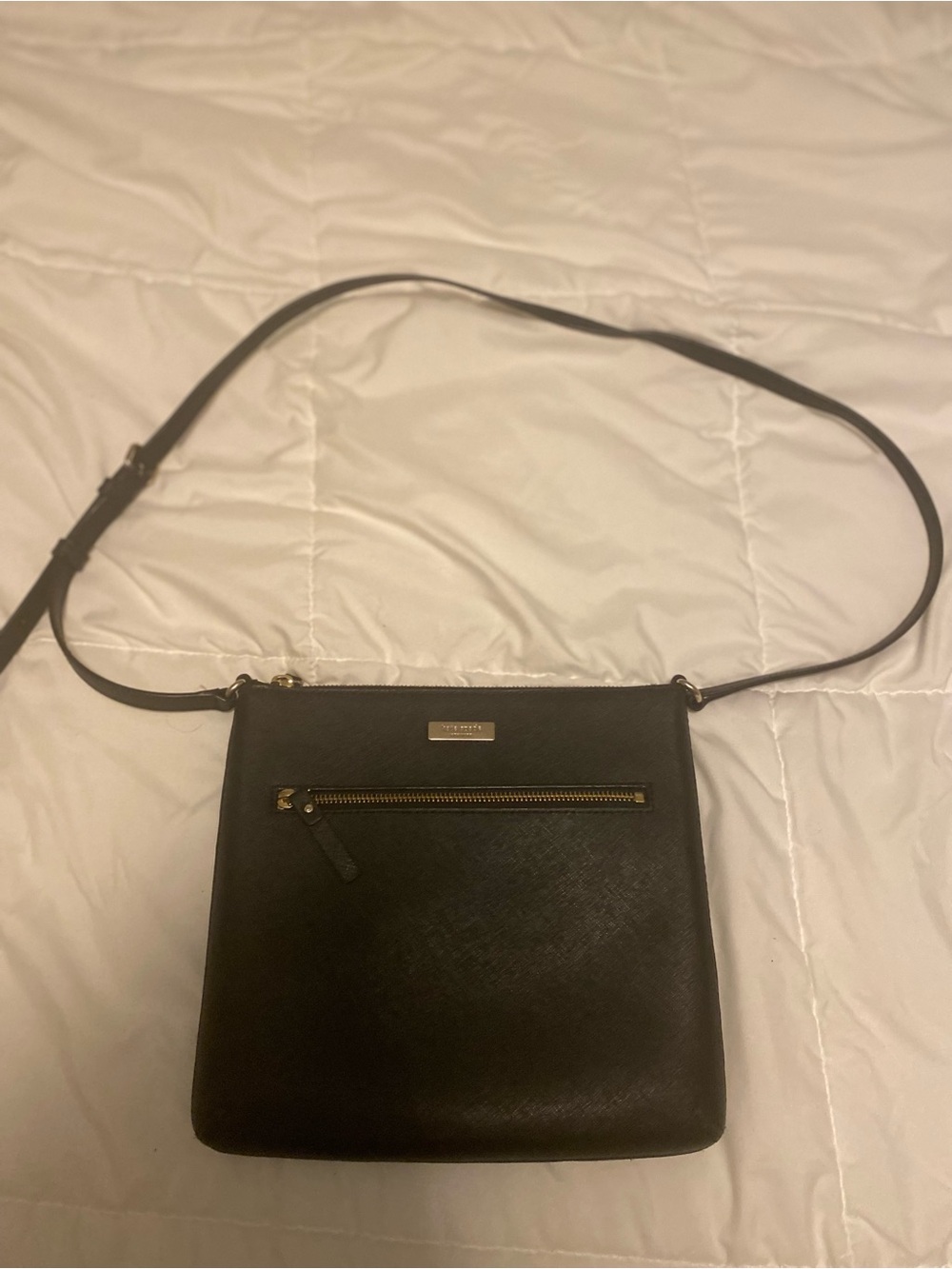 kate spade Black Leather Crossbody with Front Zip and Gold Hardware